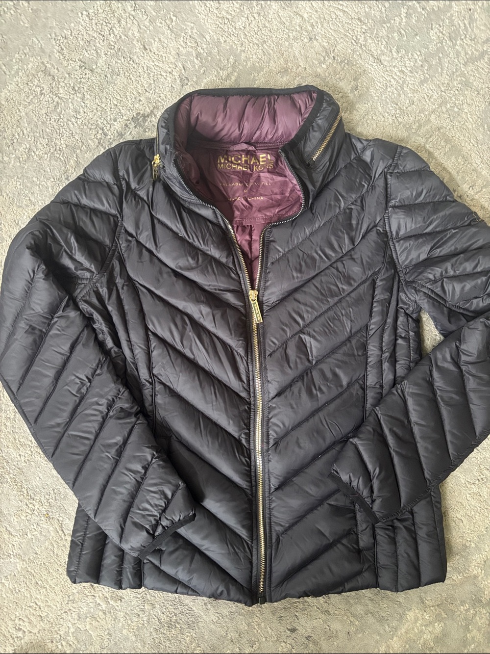 Michael Kors Black Quilted Chevron Packable Puffer with Purple Lining